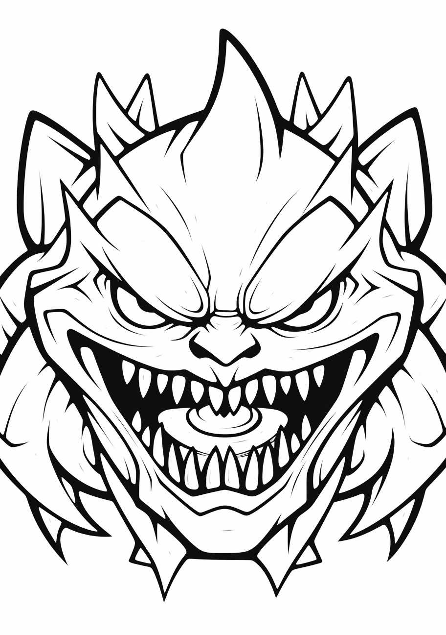 Artistic rendition of Mega Gengar, with sleek outlines and haunting eyes. printable coloring page, black and white, free download