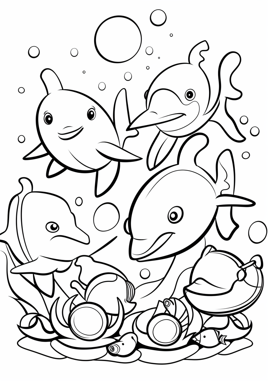 Assortment of sea creatures like starfish and octopuses with heart-shaped seaweeds; intricate sea patterns.printable coloring page, black and white, free download