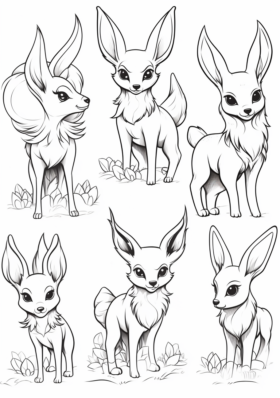 Simplistic representation of Eevee evolutions; uncomplicated and clean designs for easy coloring. printable coloring page, black and white, free download