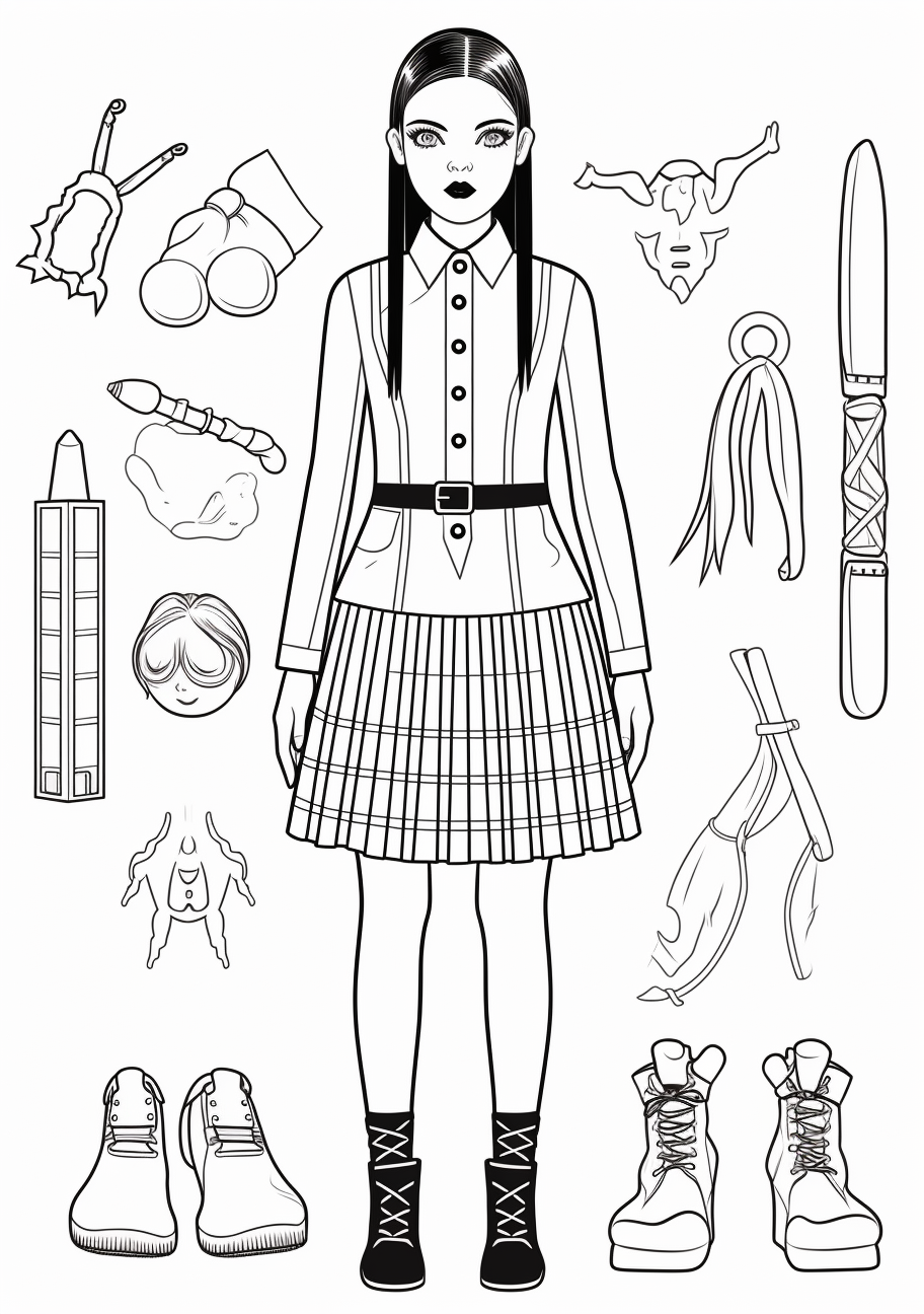 An edgy outfit on a modern depiction of Wednesday Addams; bold outlines with detailed accessories. printable coloring page, black and white, free download