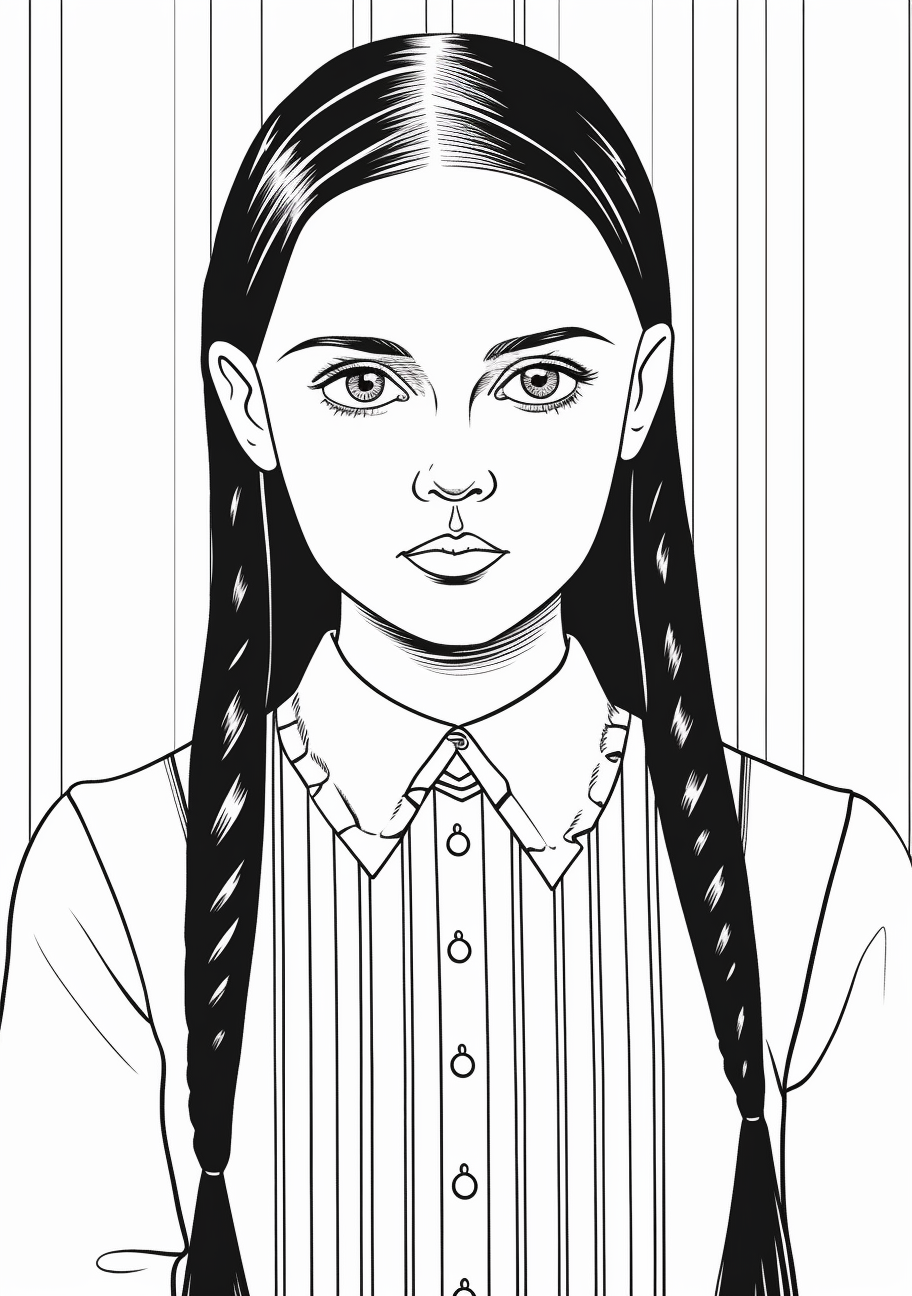 Wednesday Addams depicted in a stunning portrait style; uses smooth outlines and detailed shading. printable coloring page, black and white, free download