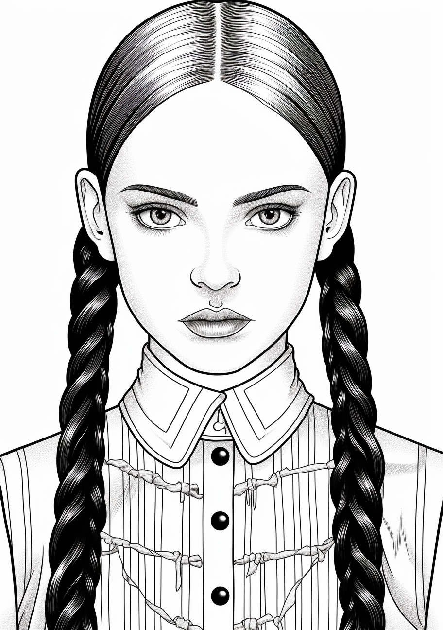 An iconic pose of Wednesday Addams, standing straight with hands together; featuring bold lines and clean edges to emphasize character shape and outfit. printable coloring page, black and white, free download