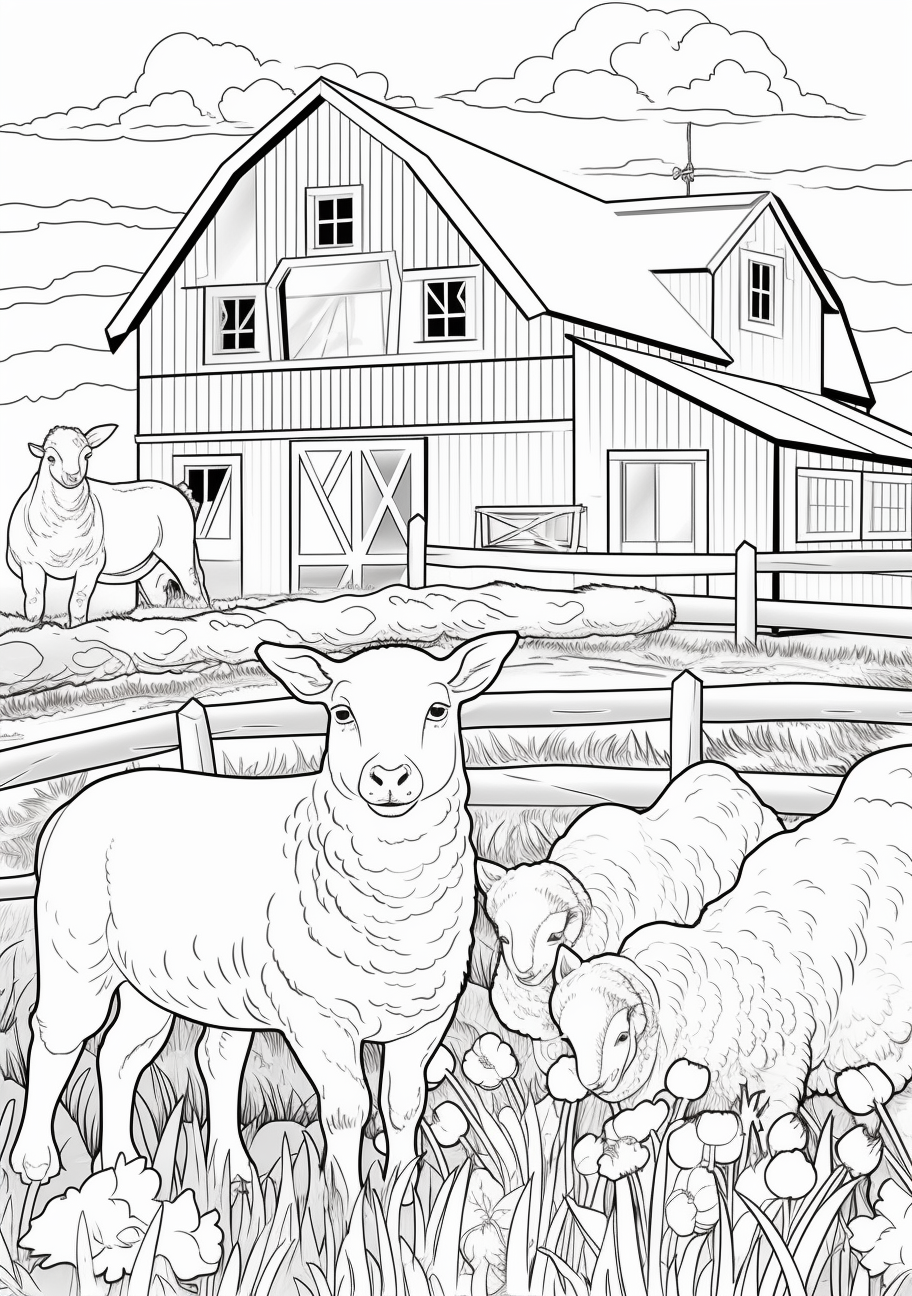 Scenes of farm life with animals like horses and goats; bold contours and ornate details.printable coloring page, black and white, free download