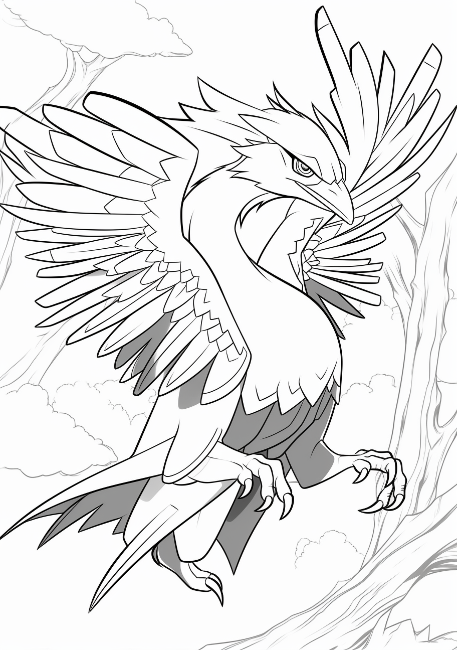 Articuno, a flying type legendary Pokemon, perched in flight; clear outlines. printable coloring page, black and white, free download
