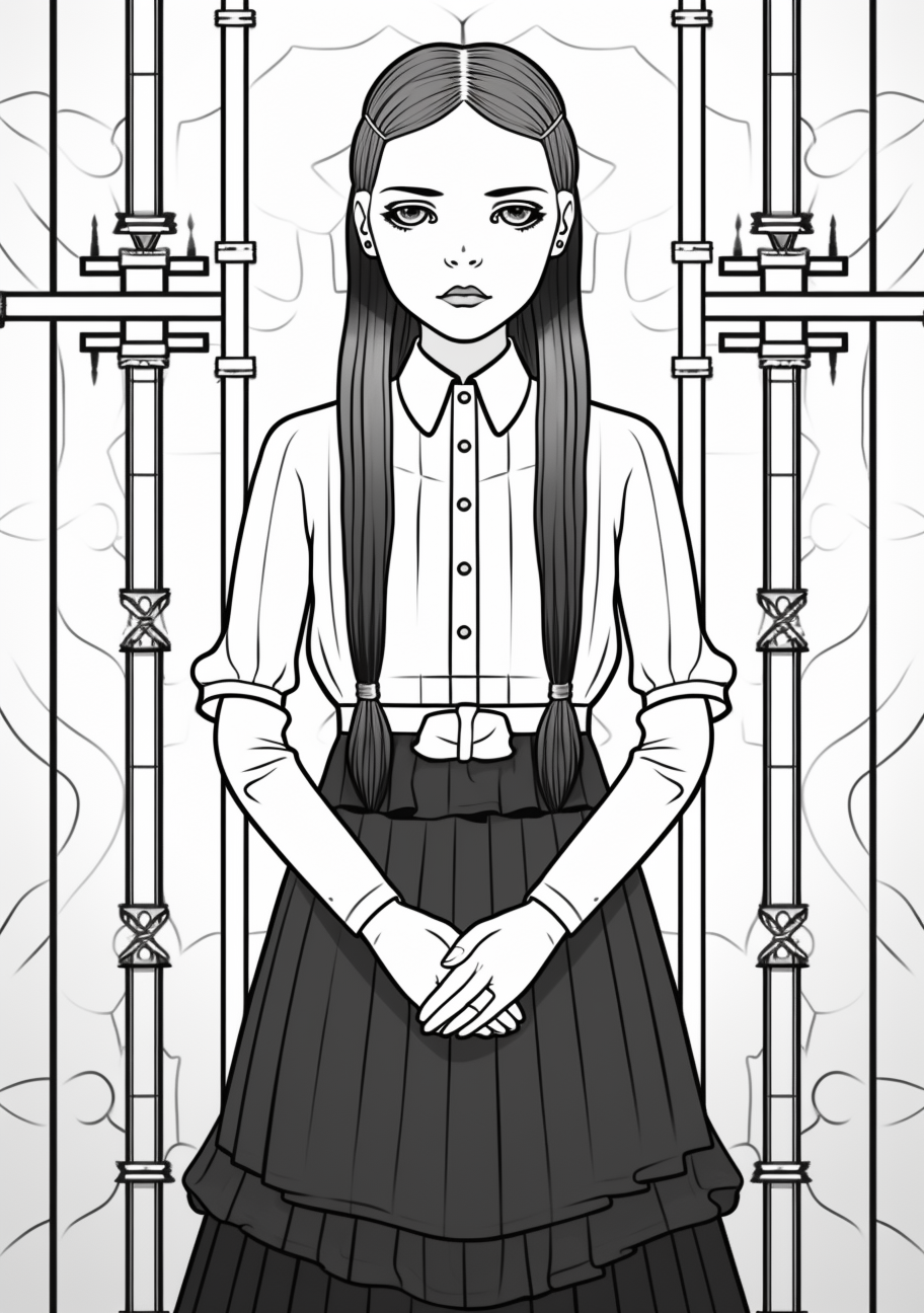 Classic stance of Wednesday Addams with reserved expression; intricate details in clothing. printable coloring page, black and white, free download