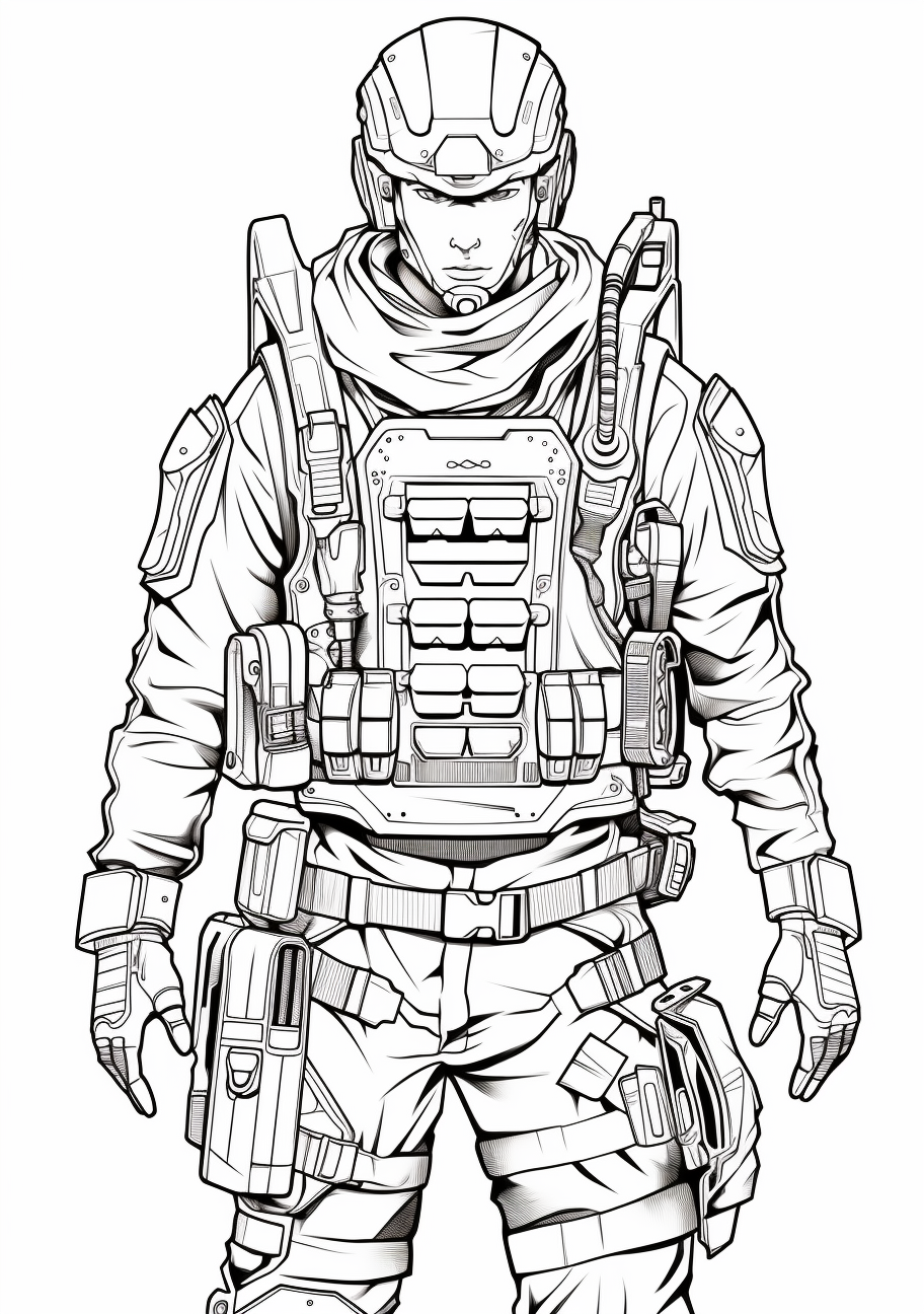 Anime character, dressed in combat attire, poised for battle; crisp line art and intricate details.