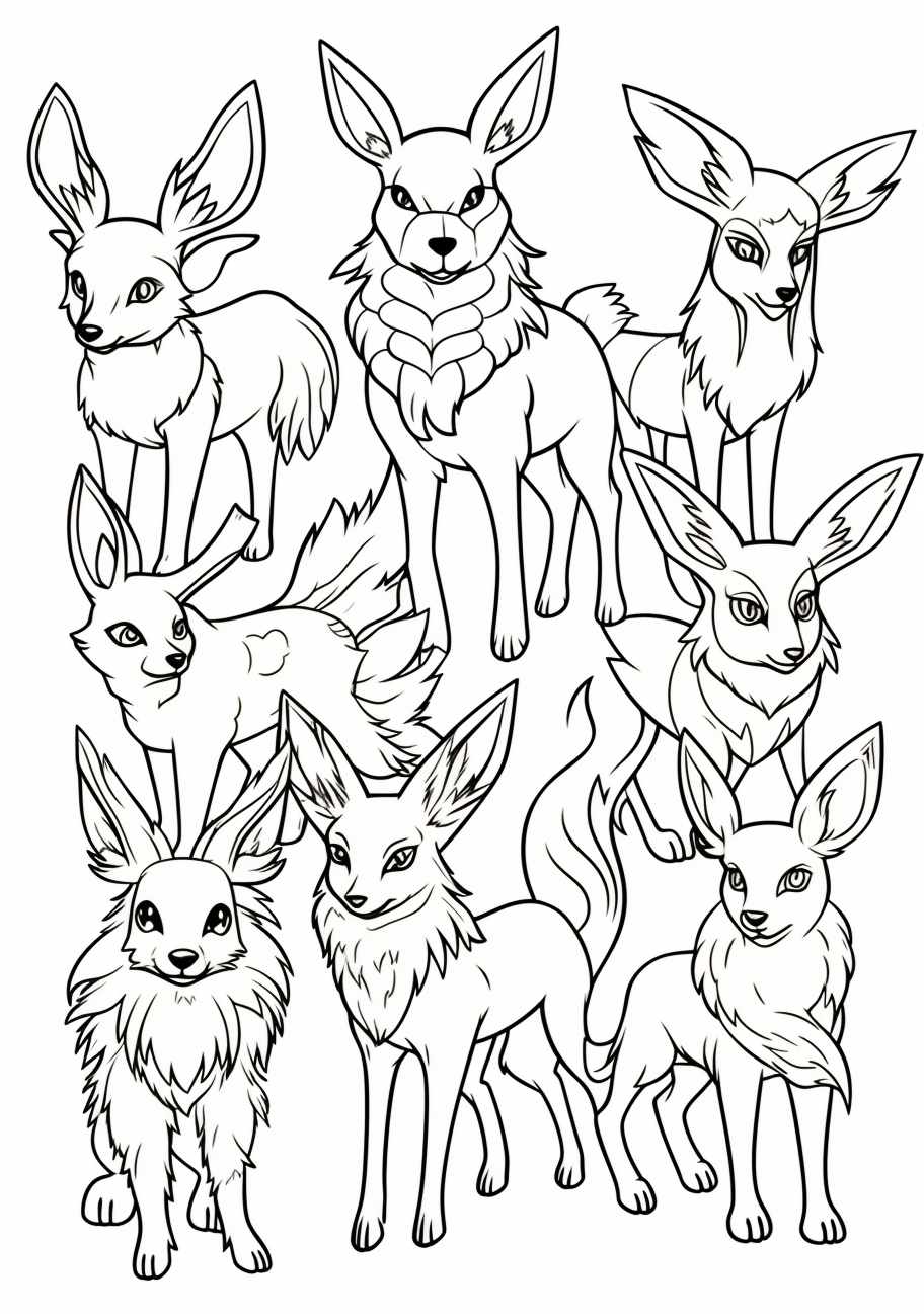 Eevee evolving into its legendary forms; clean, clear outlines. printable coloring page, black and white, free download