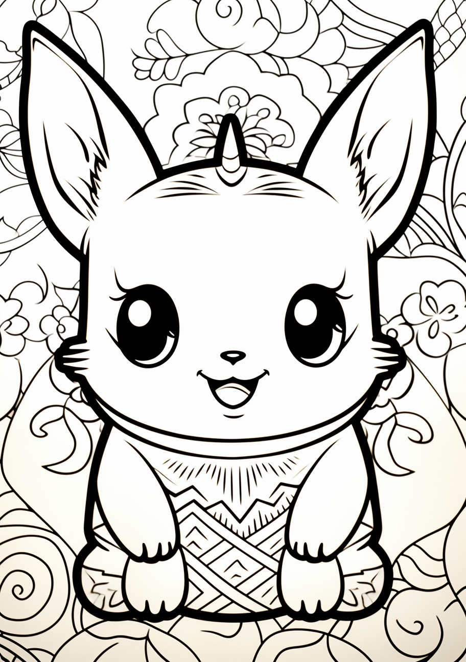 An adorable Pikachu with expressions of delight; clean lines and rounded shapes. printable coloring page, black and white, free download