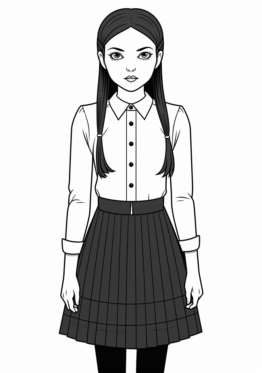Traditional Wednesday Addams dress up; clean, simple lines and intricate detailing on clothes. printable coloring page, black and white, free download