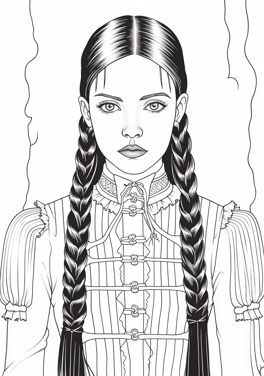 Standing figure of Wednesday Addams in vintage style; focus on her iconic dress and buttoned up collar. printable coloring page, black and white, free download