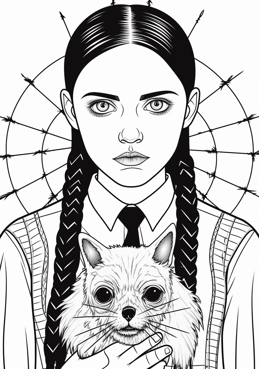 Wednesday Addams with her pet spider; detailed shading. printable coloring page, black and white, free download