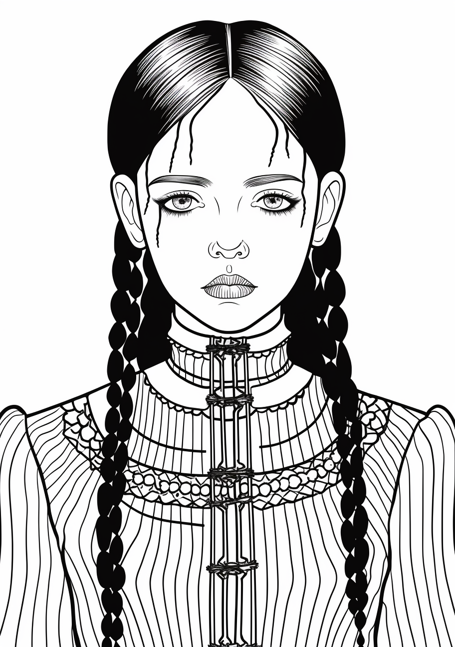 Wednesday Addams drawn in an old-style art; features her iconic center parting and long braids. printable coloring page, black and white, free download