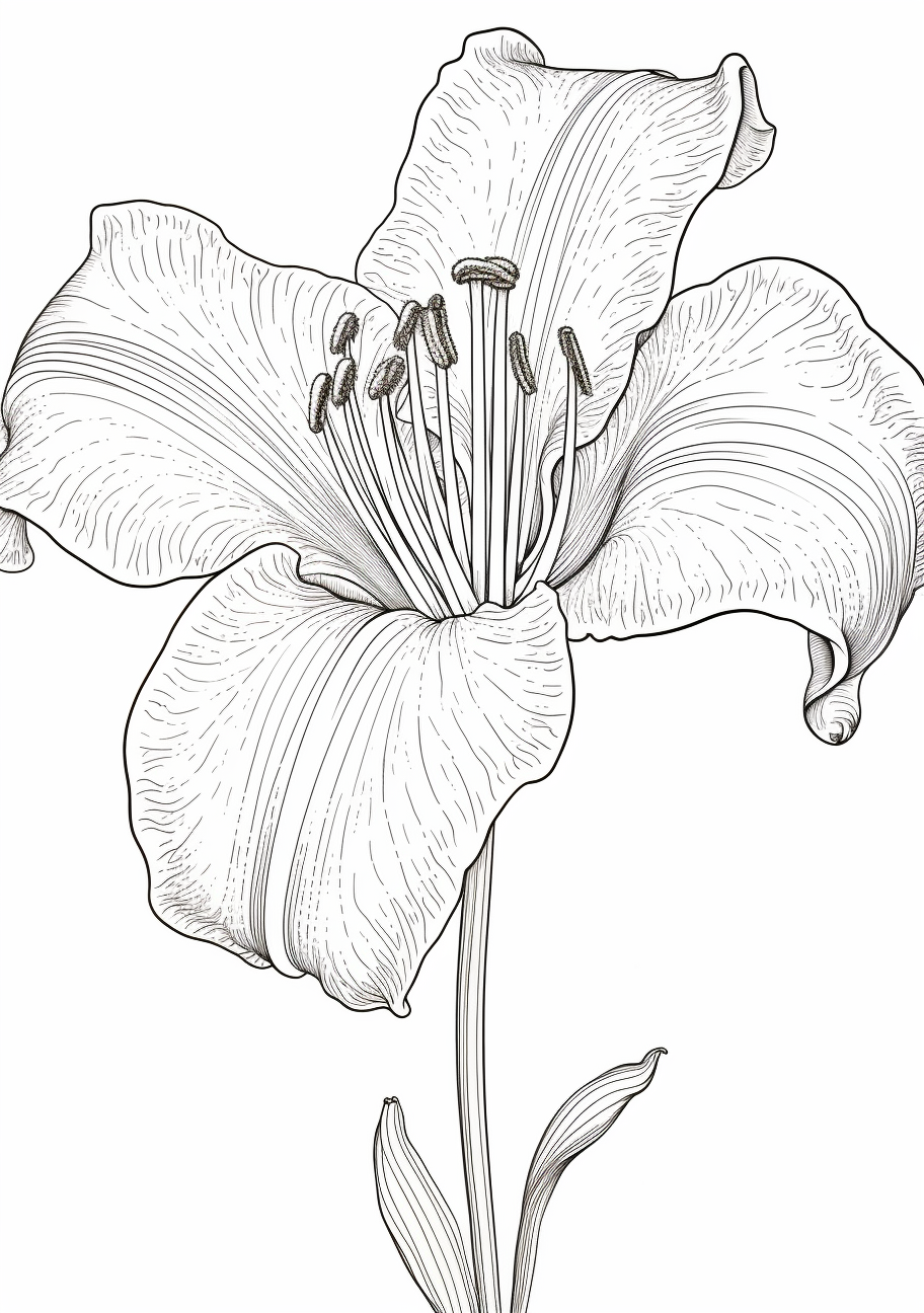 Highly detailed illustration of a lily flower, underlining the texture of the petals and the stamen.printable coloring page, black and white, free download