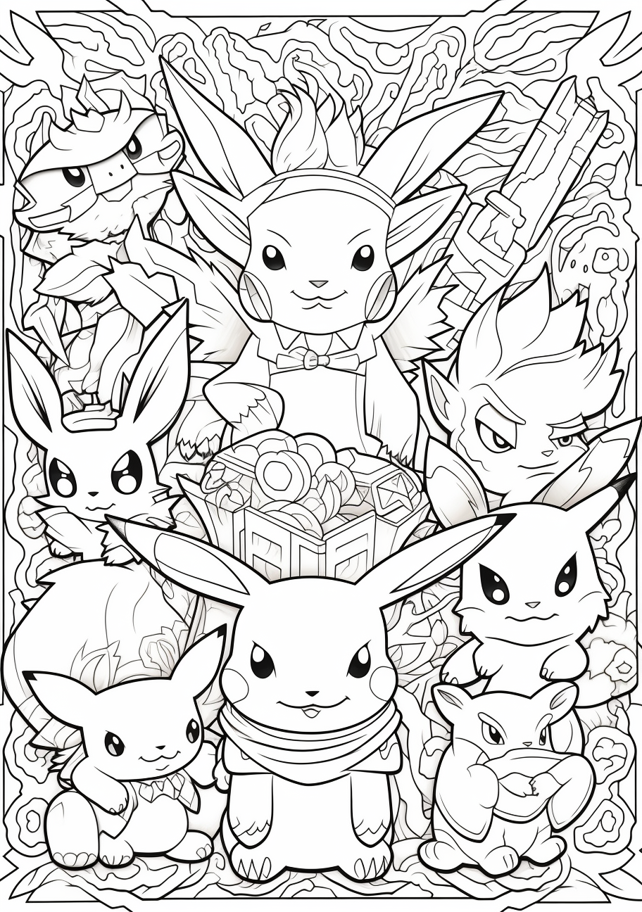 Pikachu and companions in a friendly gathering; differentiated with clear outlines and unique features. printable coloring page, black and white, free download