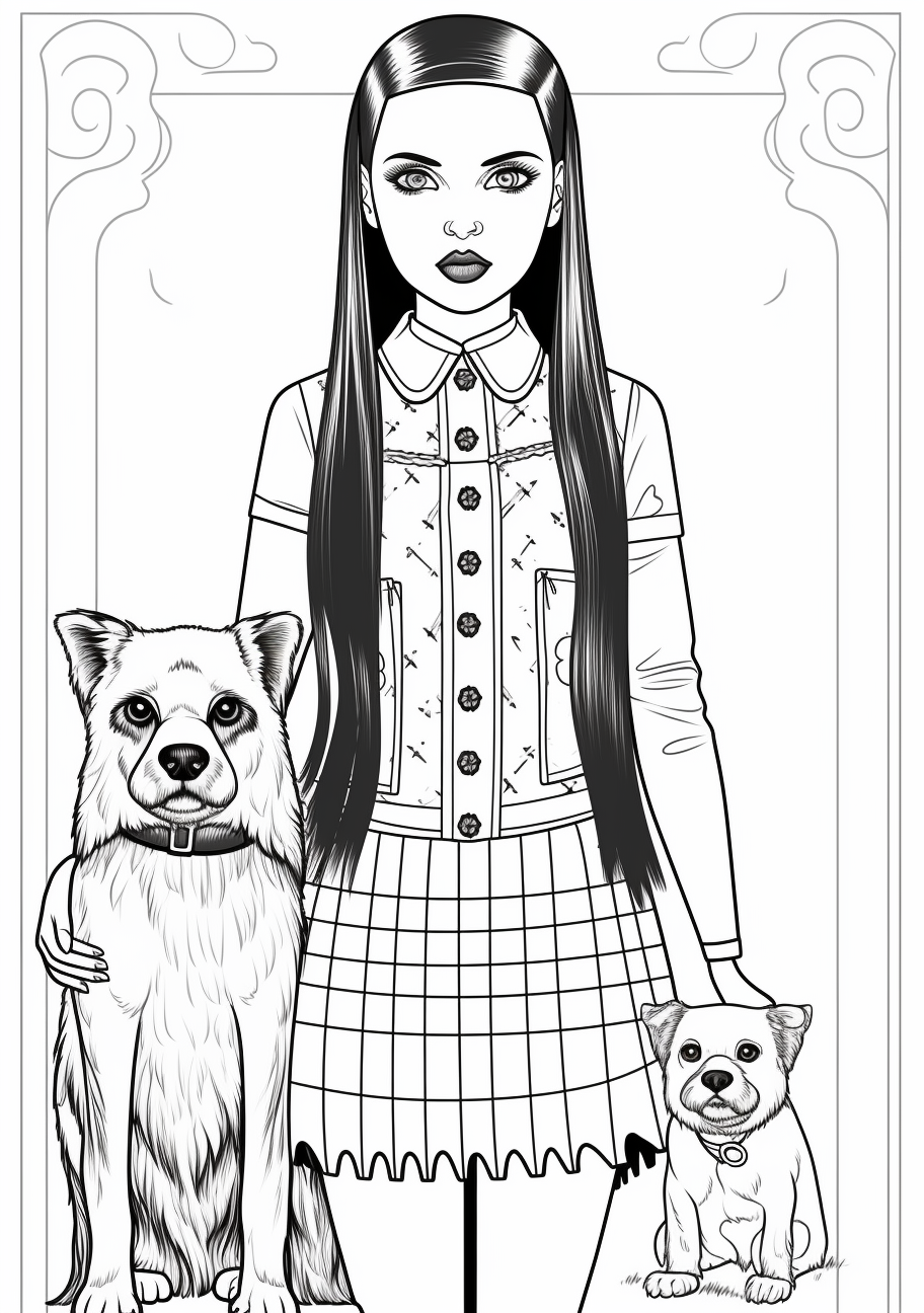 A well-detailed image of Wednesday Addams and her pet; captures the distinct features of both characters. printable coloring page, black and white, free download