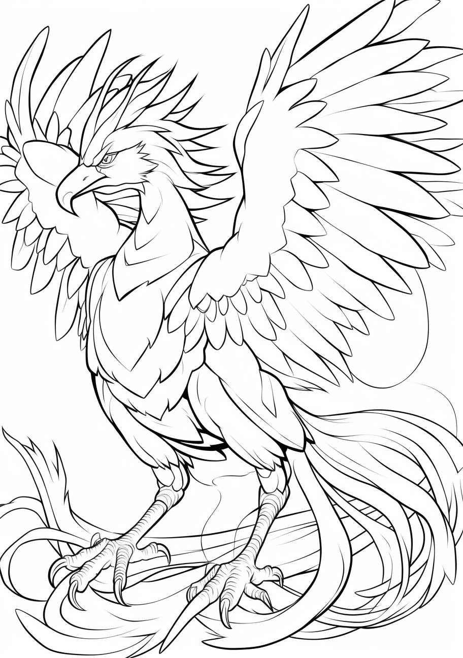 Moltres, the legendary Pokemon, drawn dynamically with flowing lines to depict its fiery nature. printable coloring page, black and white, free download