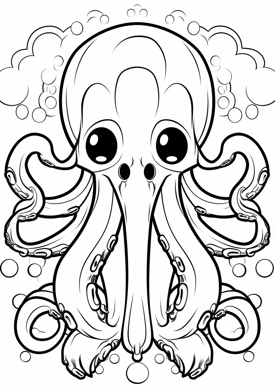 Anime representation of an octopus with intricate lines and big, expressive eyes.