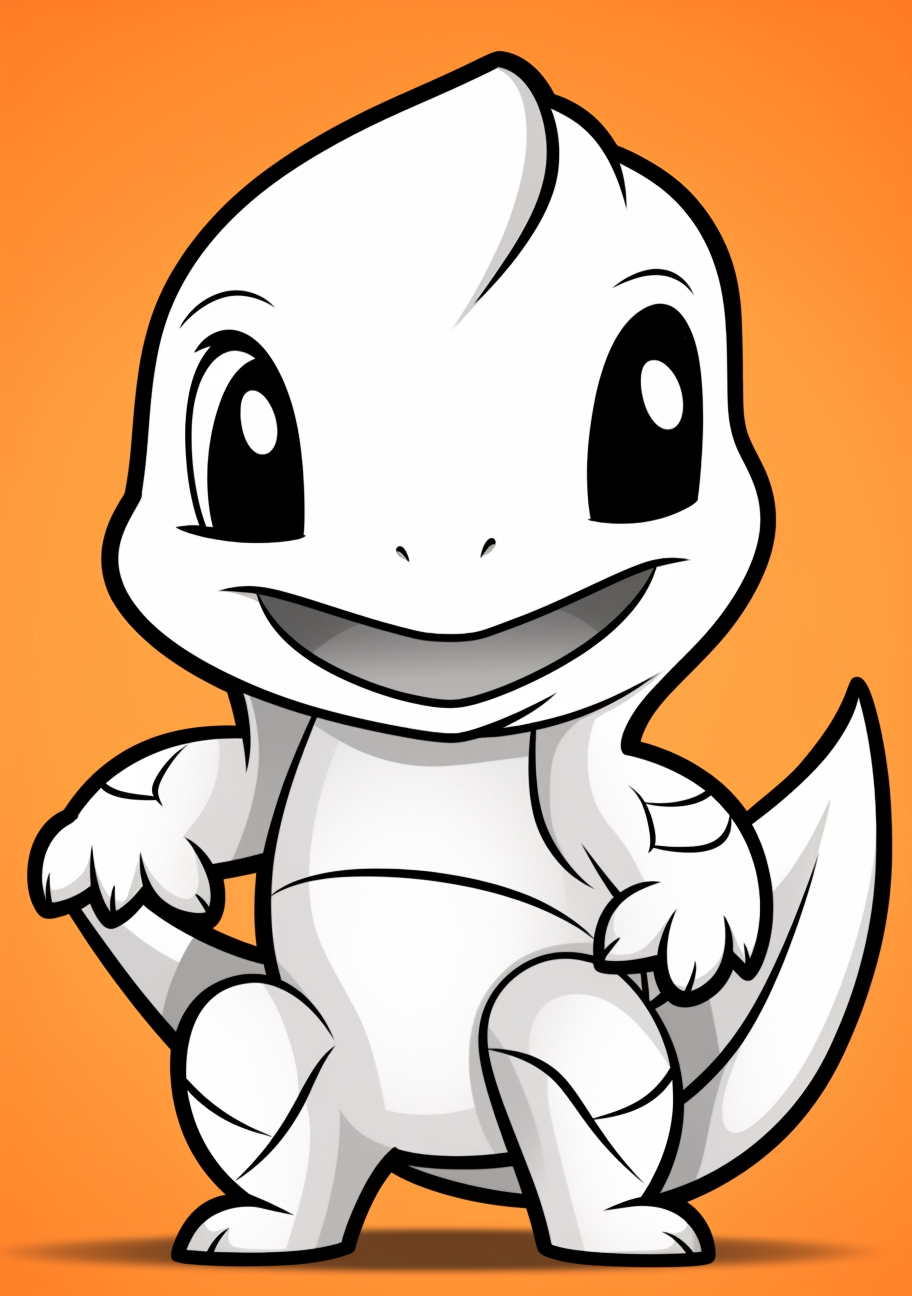 A cartoonish expression of Charmander exploring; depicted with bold lines and simple shapes. printable coloring page, black and white, free download