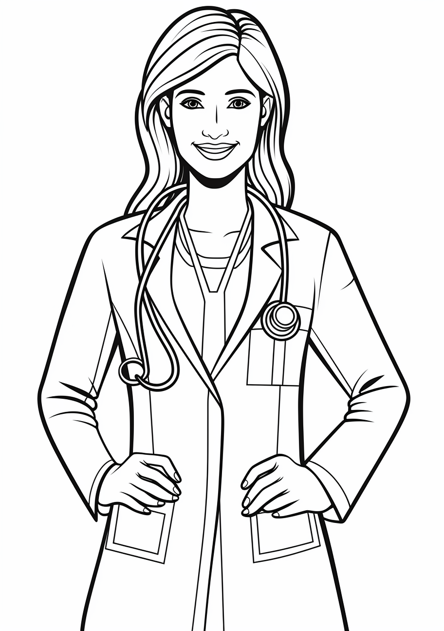An image of a doctor wearing a stethoscope; minimalistic lines and simple forms.printable coloring page, black and white, free download