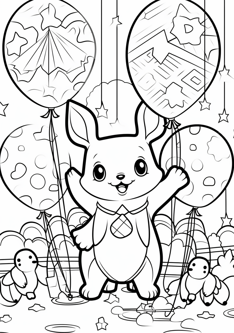 Pikachu with balloons, all smiling, in a cartoon style printable coloring page, black and white, free download