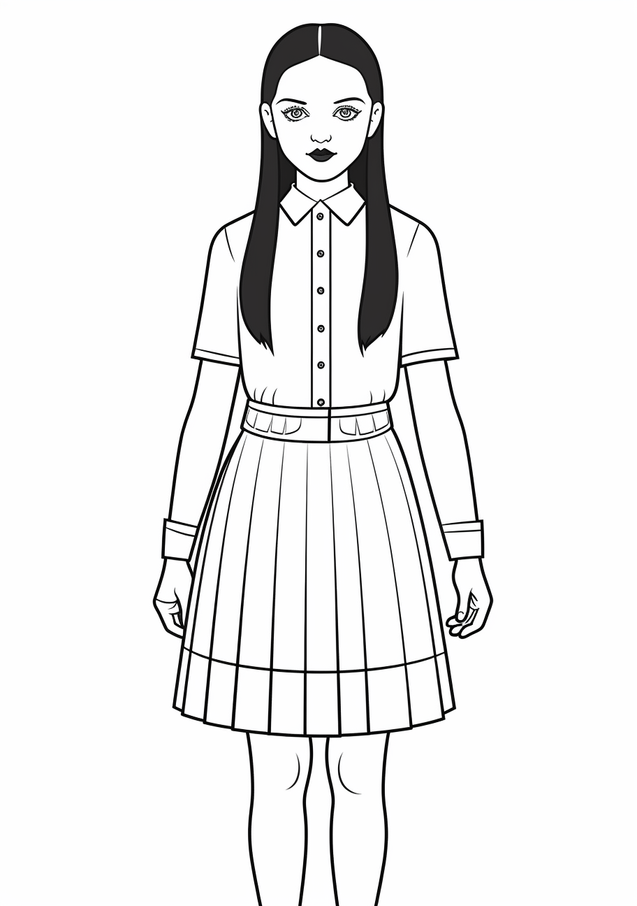 Stylized full page image of Wednesday Addams standing with her iconic stoic expression; simple lines and bold shapes utilized. printable coloring page, black and white, free download