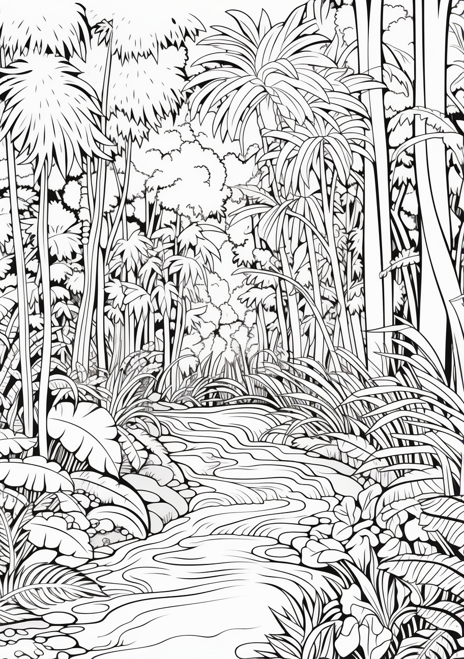 Exotic bird and insect species dotted within a dense network of vines and large-leafed plants. printable coloring page, black and white, free download