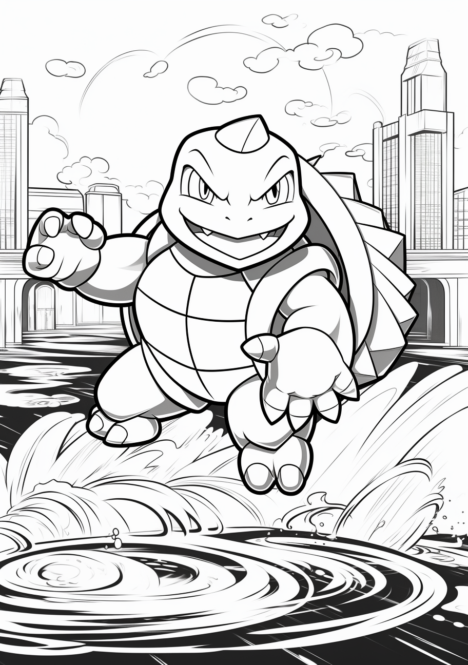 Image of Squirtle, Wartortle, and Blastoise showcasing the progression; well defined shell and cannon details. printable coloring page, black and white, free download