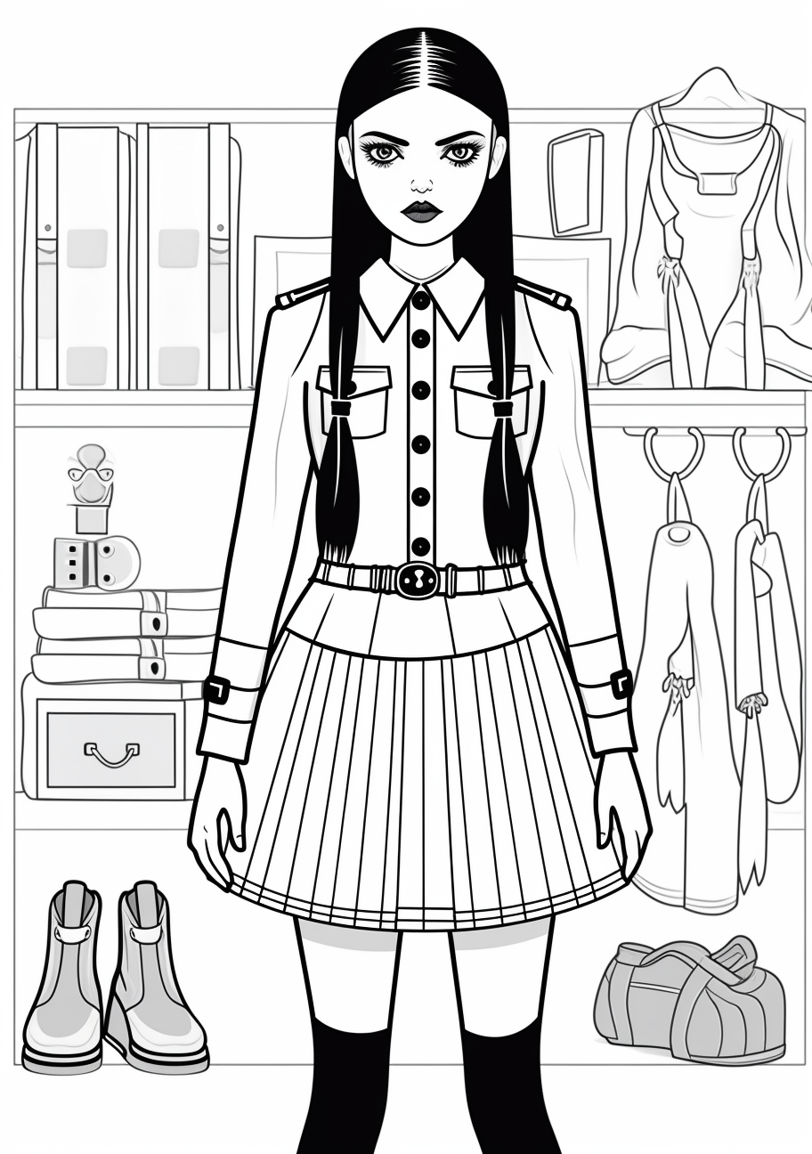 Sophisticated version of Wednesday Addams with meticulously detailed high-fashion garments; simple and bold outlines. printable coloring page, black and white, free download