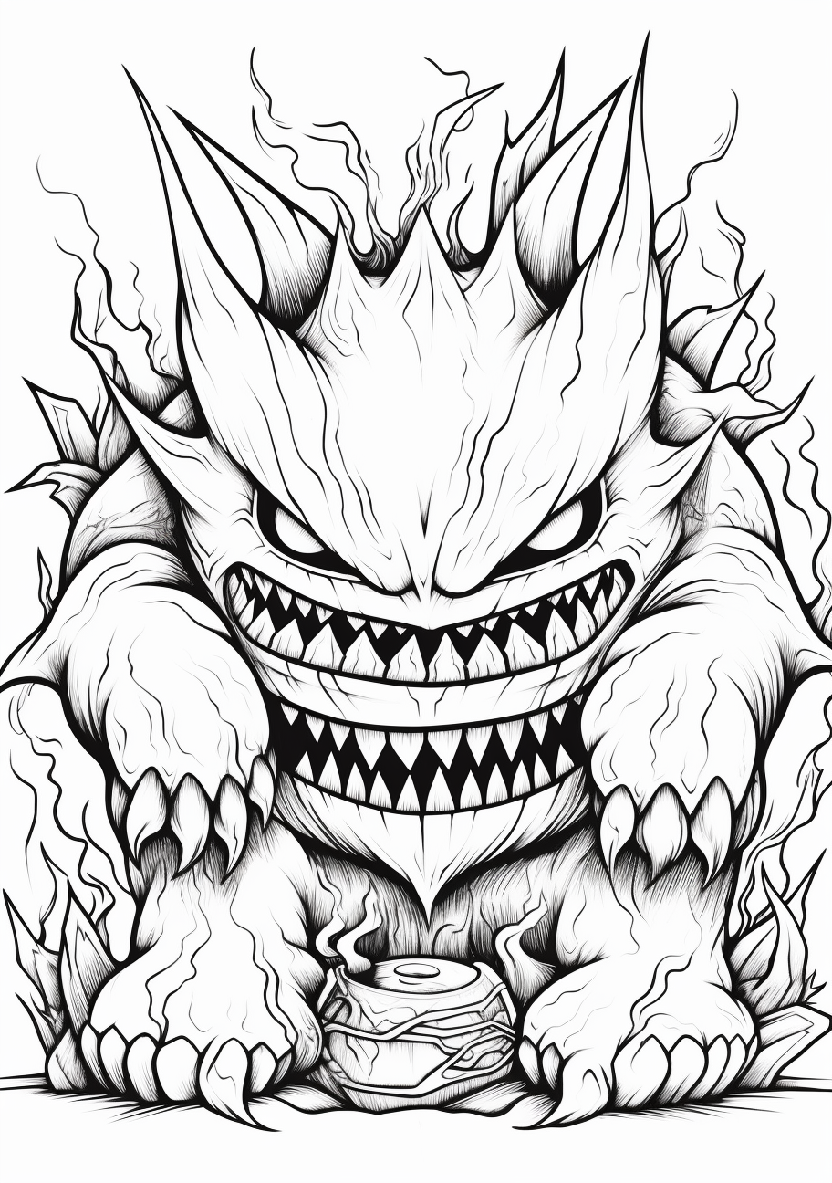 Reflective scene featuring Mega Gengar; fine lines and moderate shading. printable coloring page, black and white, free download
