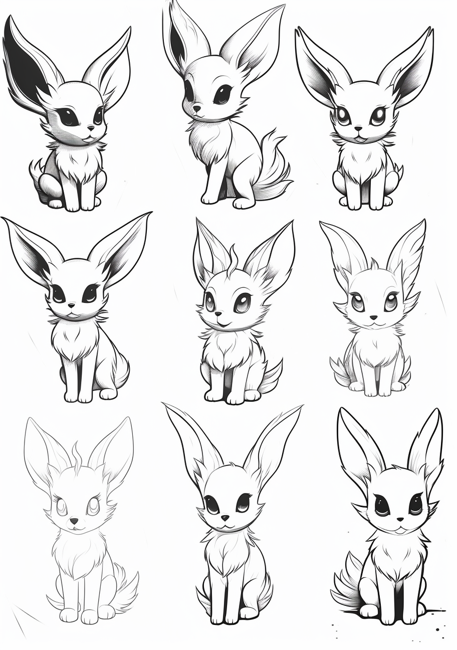 Pokemon's Eevee in its various transformations; easy-to-color lines and detailed patterns. printable coloring page, black and white, free download