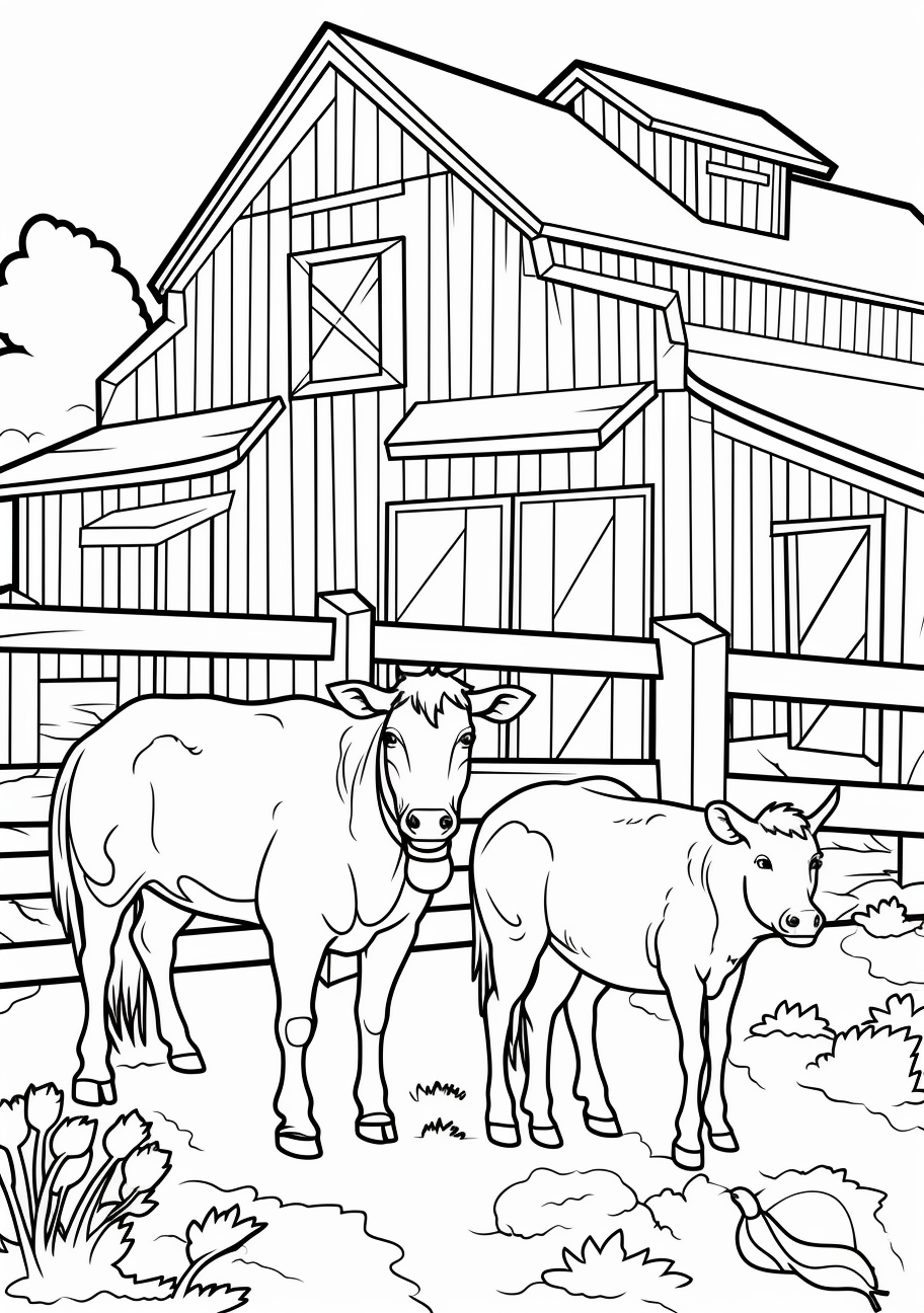 Variety of farm animals including horses, goats, and ducks; clean outlines with moderate details.printable coloring page, black and white, free download