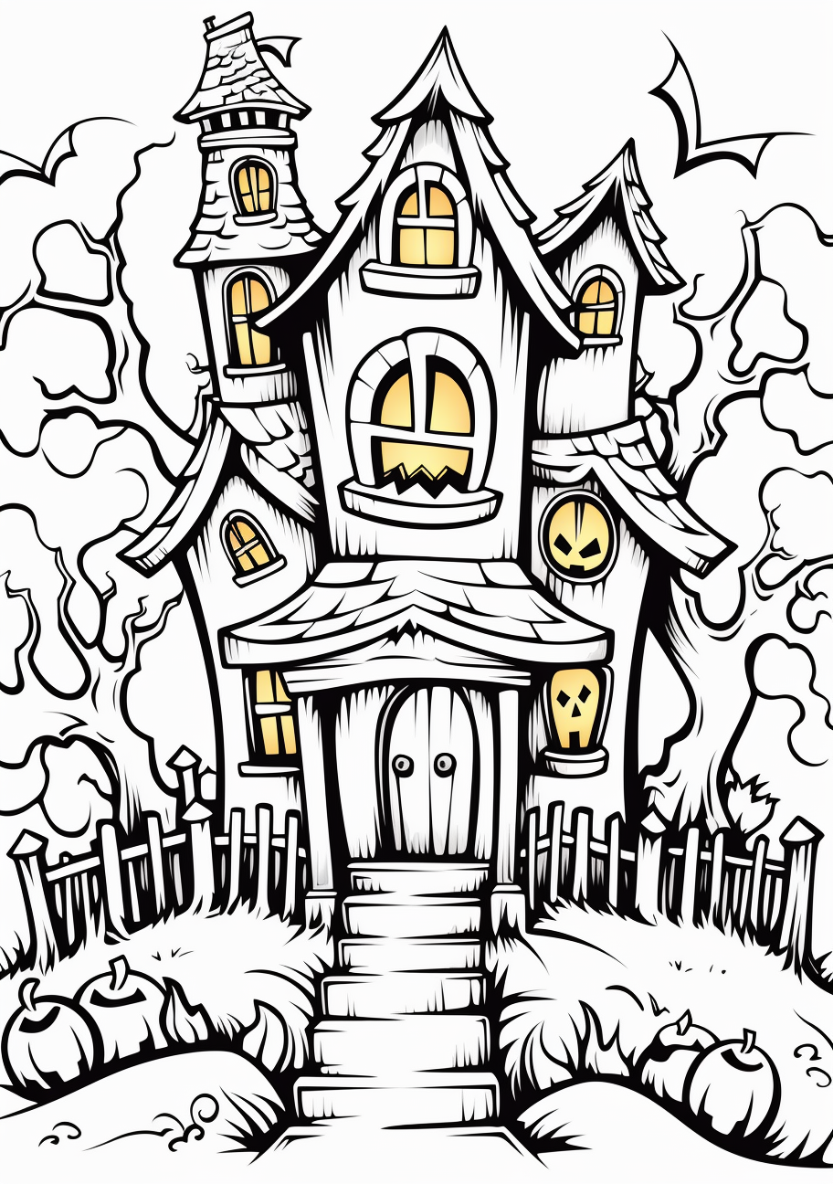 Halloween-themed haunted house illustration; fine details and bold lines. phone art wallpaper