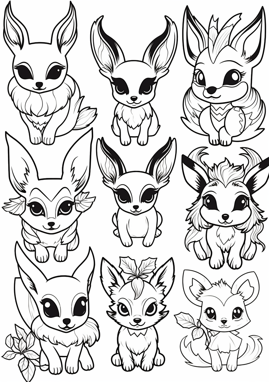 Series of Eevee's evolution; individual features highlighted and clear lines. printable coloring page, black and white, free download