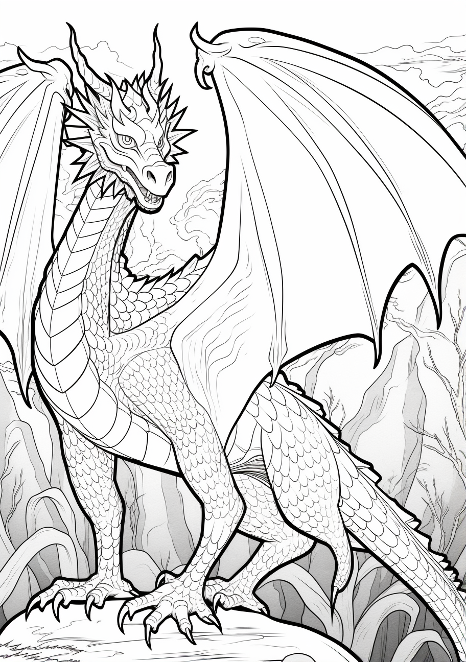 Fantasy dragon soaring in the sky; intricate lines and scale patterns.printable coloring page, black and white, free download