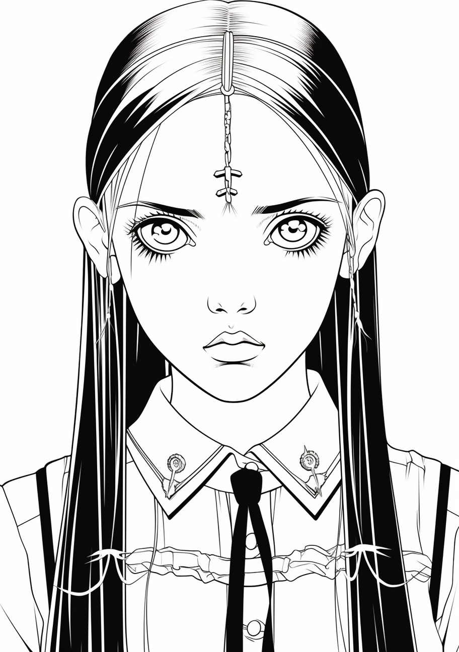 Wednesday Addams depicted in the anime style, with large expressive eyes. printable coloring page, black and white, free download