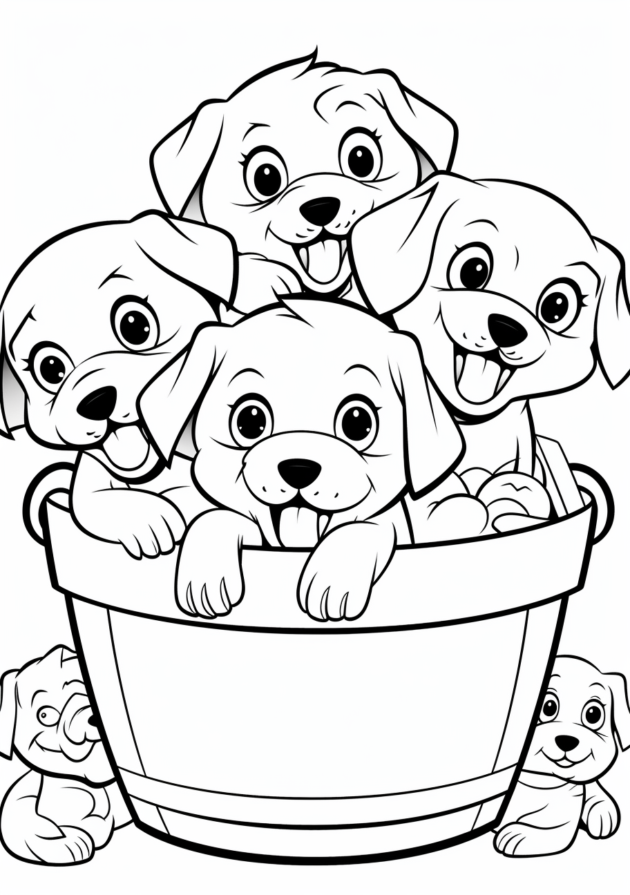 Basket with puppies peeping out; basic forms with minimal detailing printable coloring page, black and white, free download