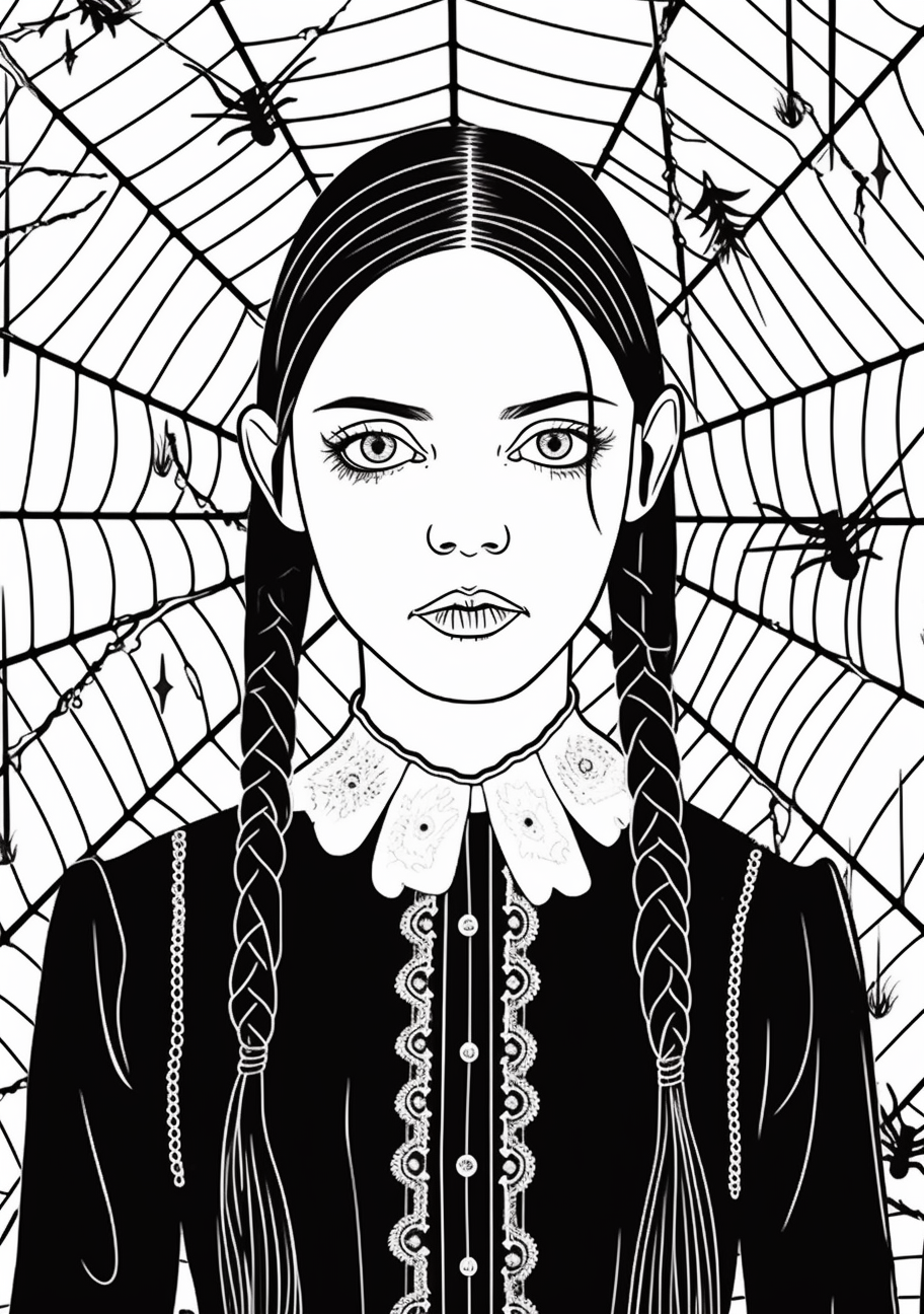 Wednesday Addams portrayed with a detailed facial expression; fine lines and emphasis on the contrast with her stark, traditional attire. printable coloring page, black and white, free download