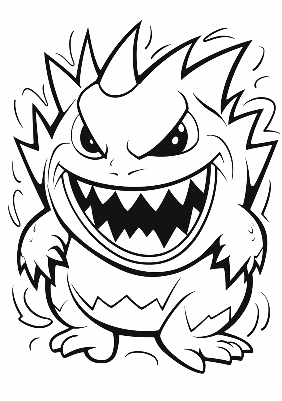 Fun scene featuring Mega Gengar in action; bold outlines with moderate details. printable coloring page, black and white, free download
