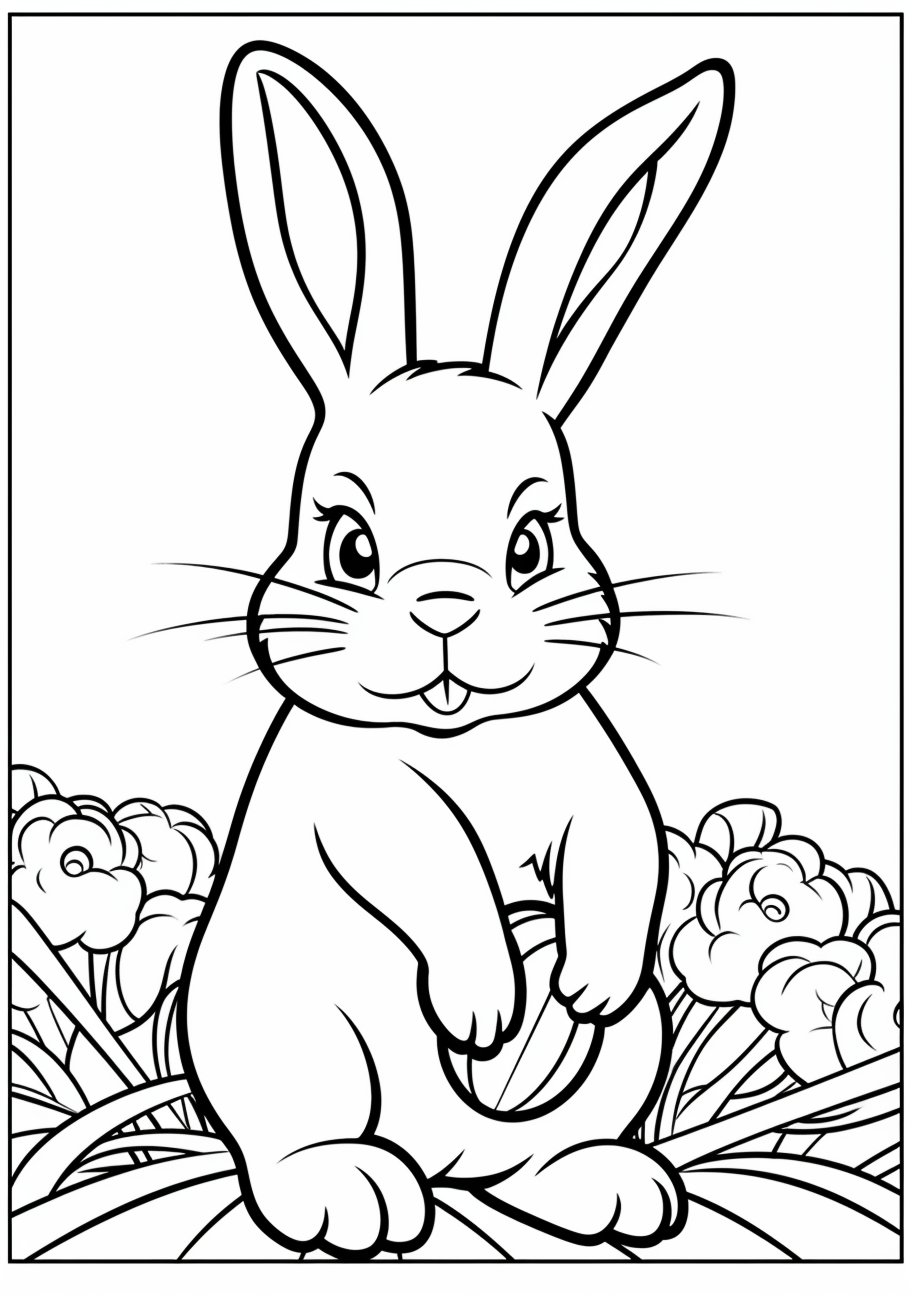 Page displays a bunny with a carrot which is simple and easy-to-color.printable coloring page, black and white, free download