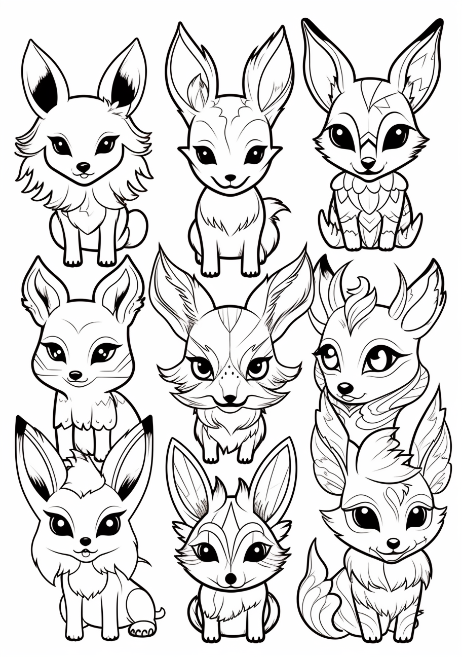 Set featuring Eevee and its evolutions; characterized by distinct outlines and individual features. printable coloring page, black and white, free download
