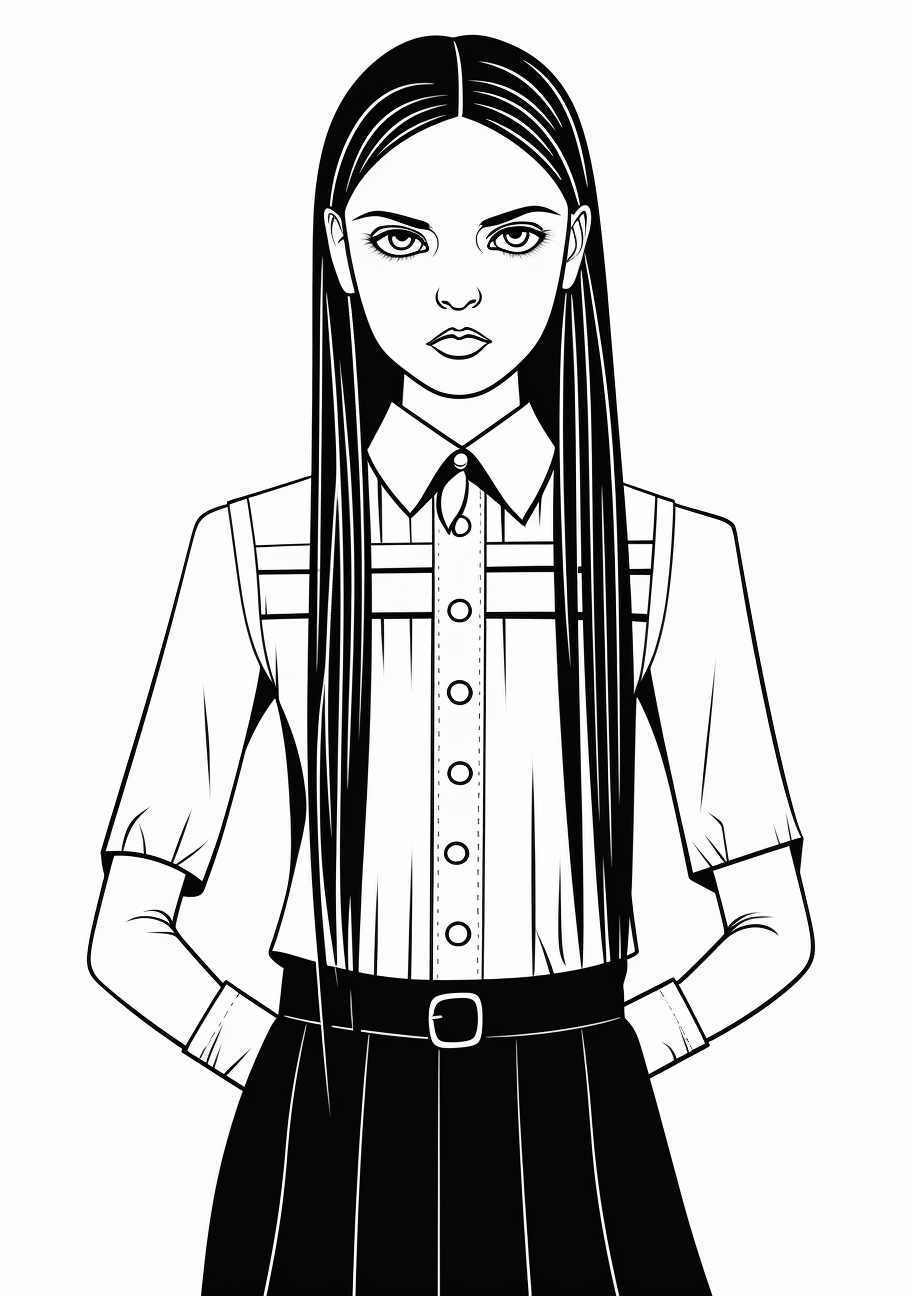 Wednesday Addams figure drawing in contemporary style; clear, bold lines. printable coloring page, black and white, free download