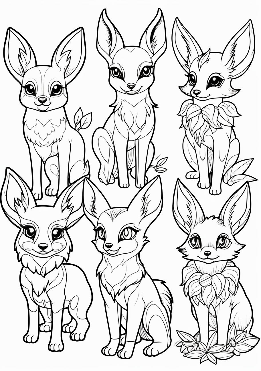 Various Eevee evolutions with strong outlines; ideal for bold coloring. printable coloring page, black and white, free download