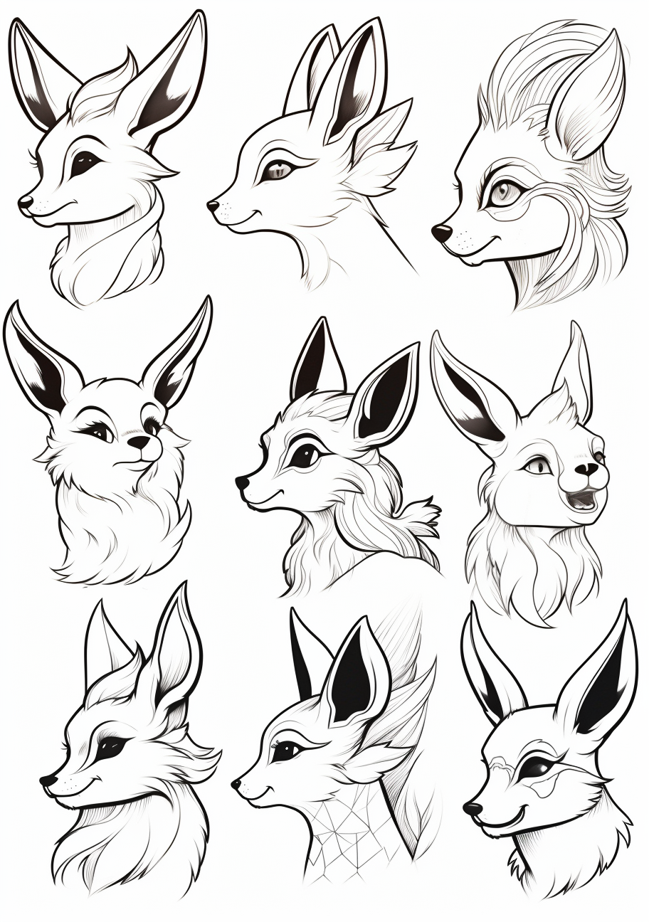 Eevee's evolutions; simple lines with detailed time-themed motifs. printable coloring page, black and white, free download