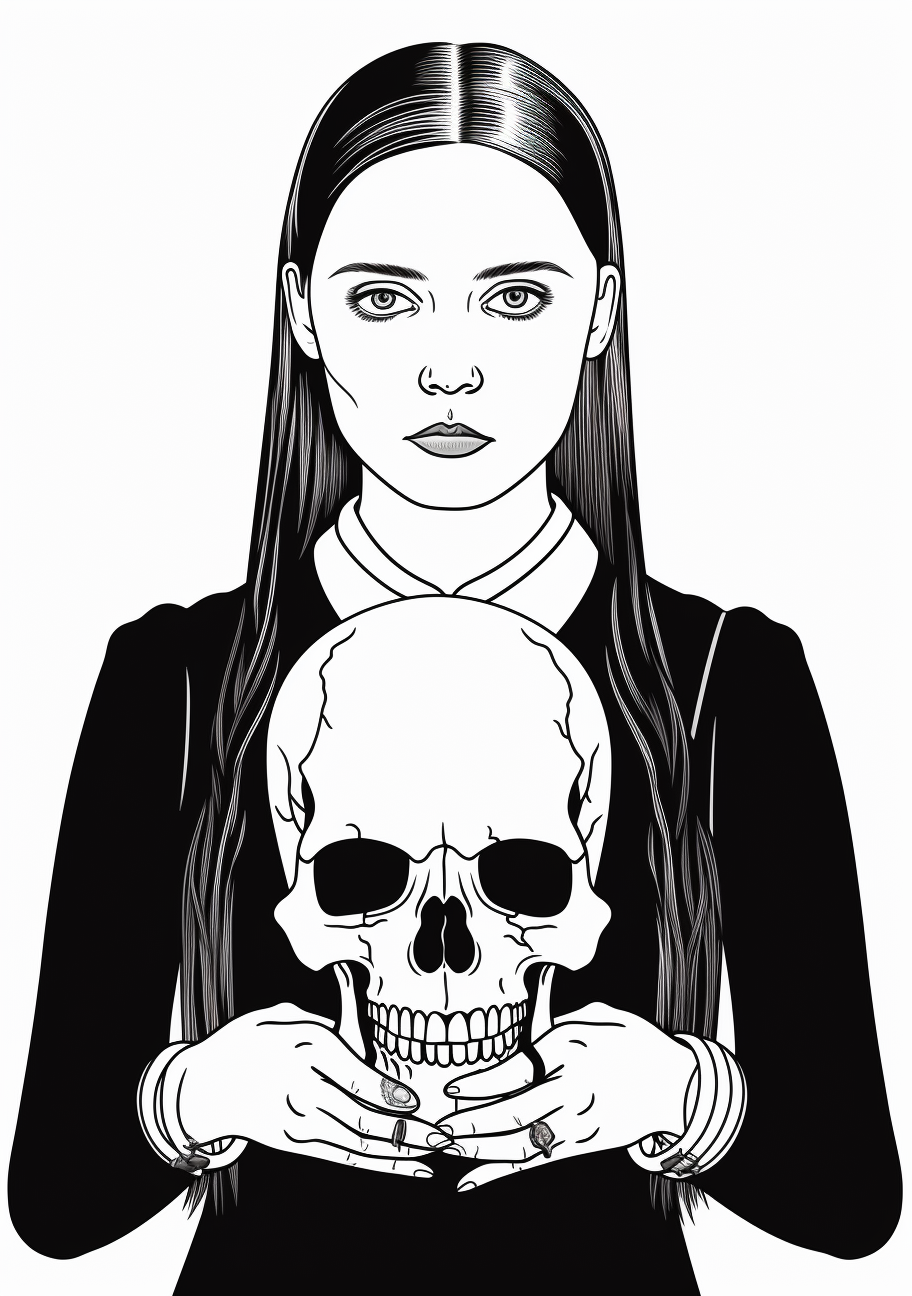 Wednesday Addams holding a skull; simple lines and bold shapes. printable coloring page, black and white, free download