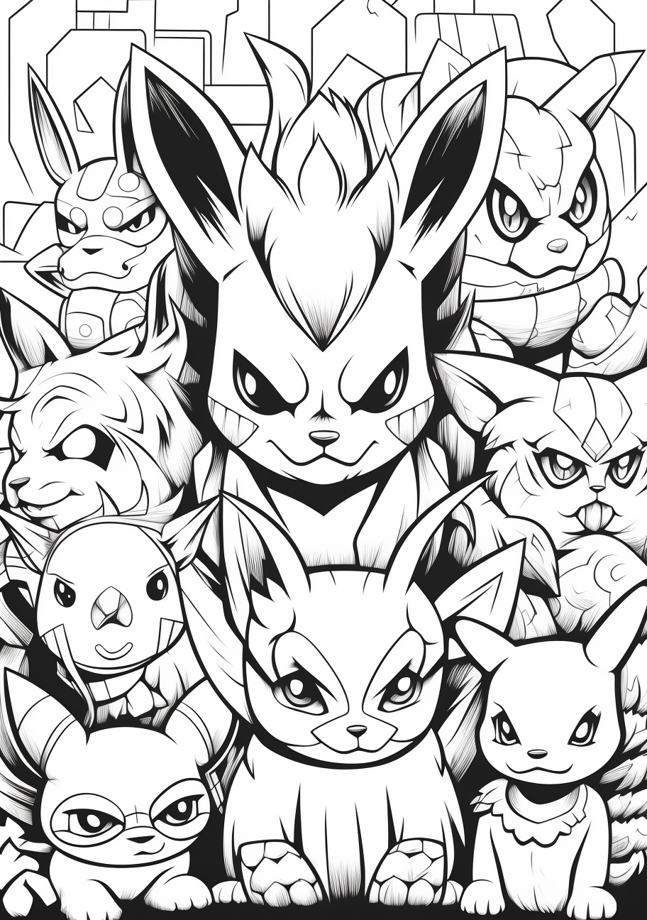 Pikachu at the forefront with other Pokemon at back; thick lines and distinct figures. printable coloring page, black and white, free download