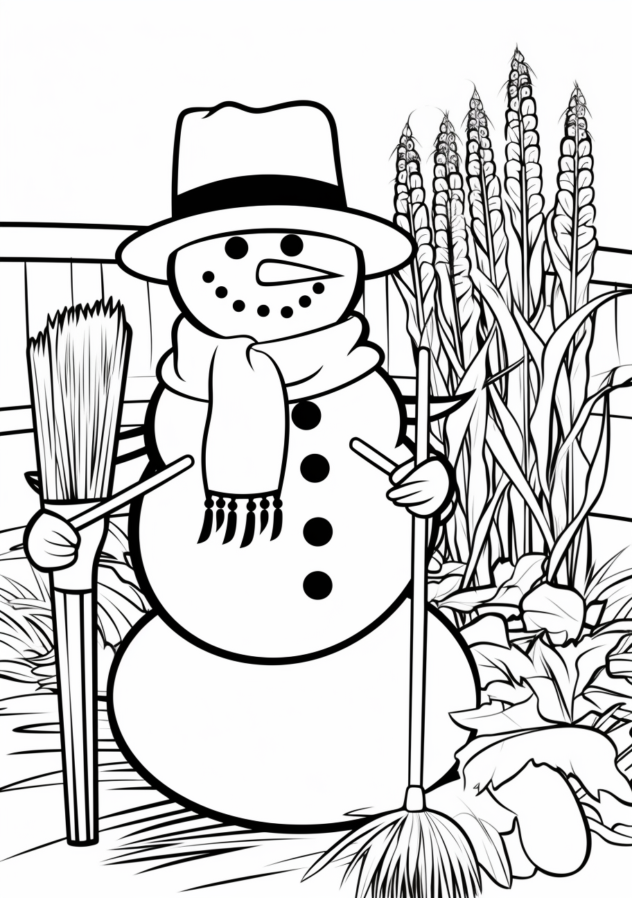 Snowman with corn cob pipe and broom; featuring simple lines and shapes.printable coloring page, black and white, free download
