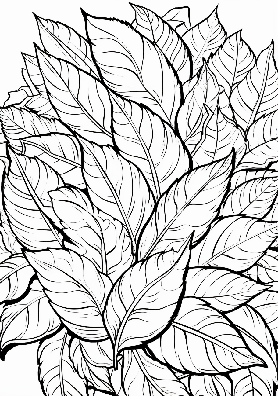 Features a multitude of autumn leaves, each showcasing unique and complex vein designs. printable coloring page, black and white, free download