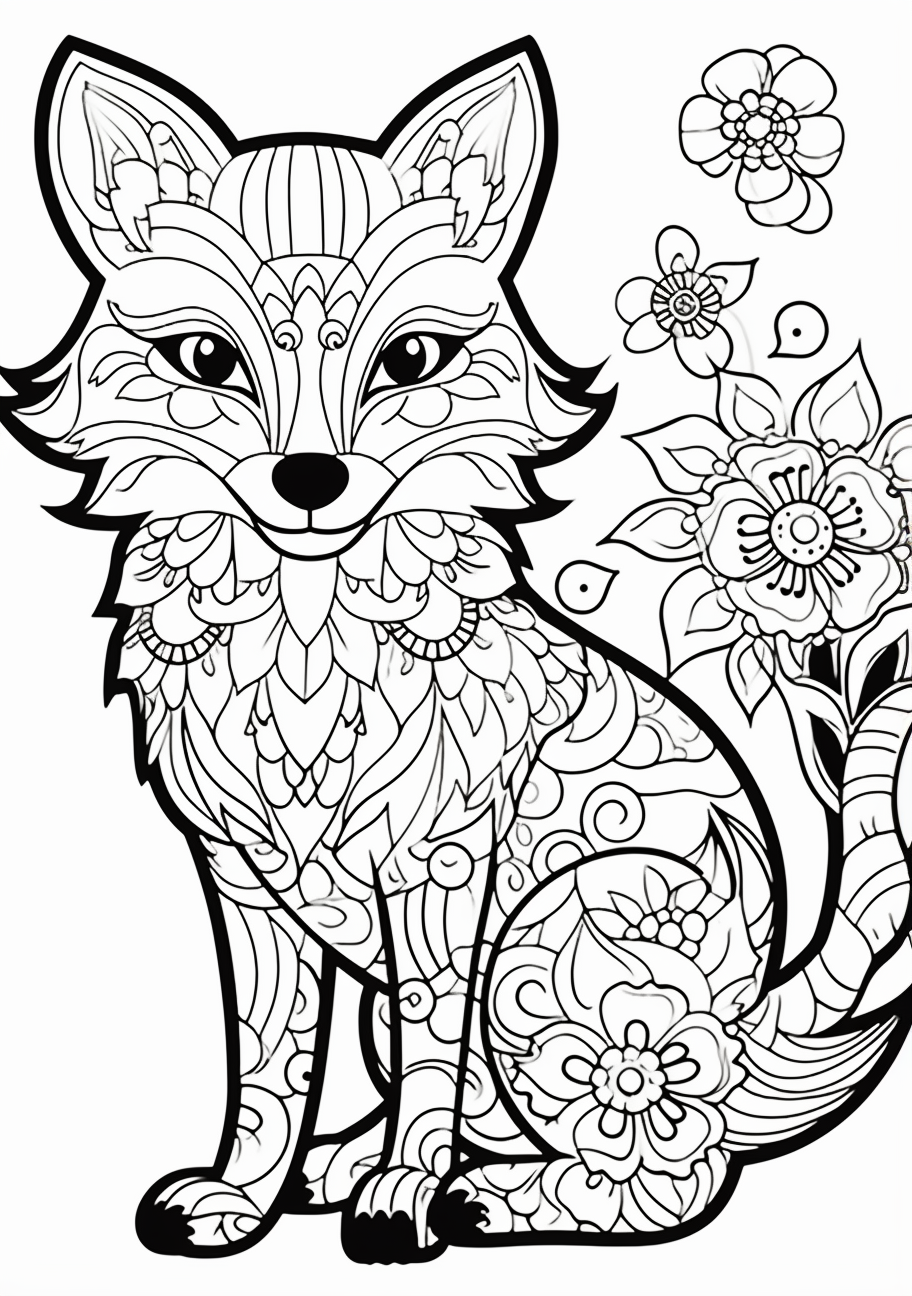 Floral designs embedded in fox art; well-defined lines and complex patterns.printable coloring page, black and white, free download