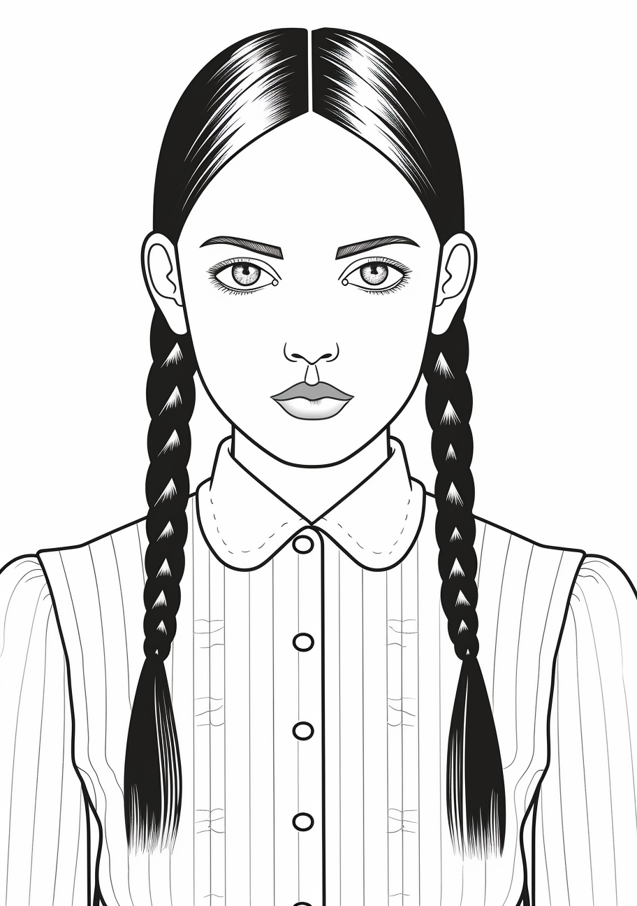 Wednesday Addams sporting pigtails; accented with bold lines and clean facial details. printable coloring page, black and white, free download