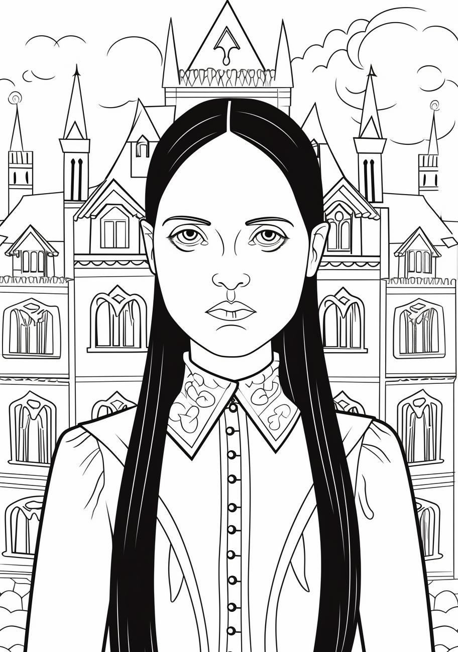 Wednesday Addams in a school setting; simplistic geometric forms. printable coloring page, black and white, free download